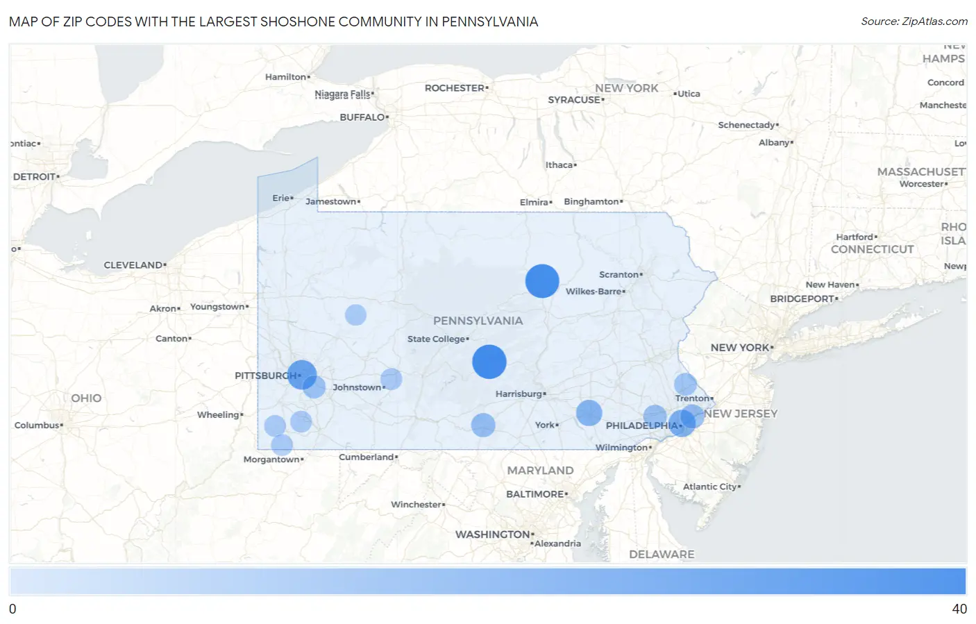 Zip Codes with the Largest Shoshone Community in Pennsylvania Map