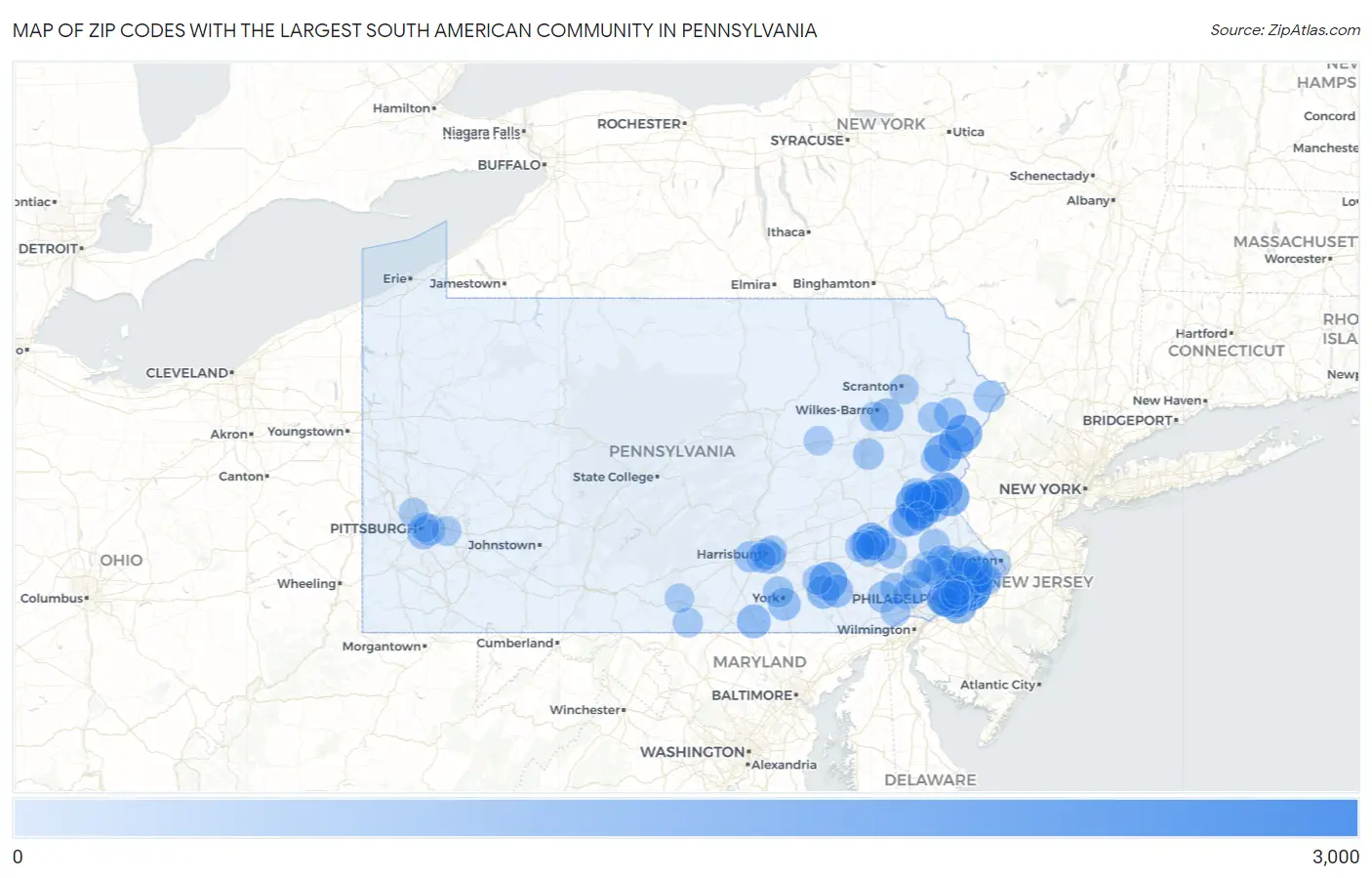 Zip Codes with the Largest South American Community in Pennsylvania Map