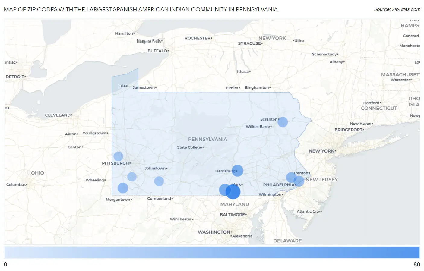 Zip Codes with the Largest Spanish American Indian Community in Pennsylvania Map