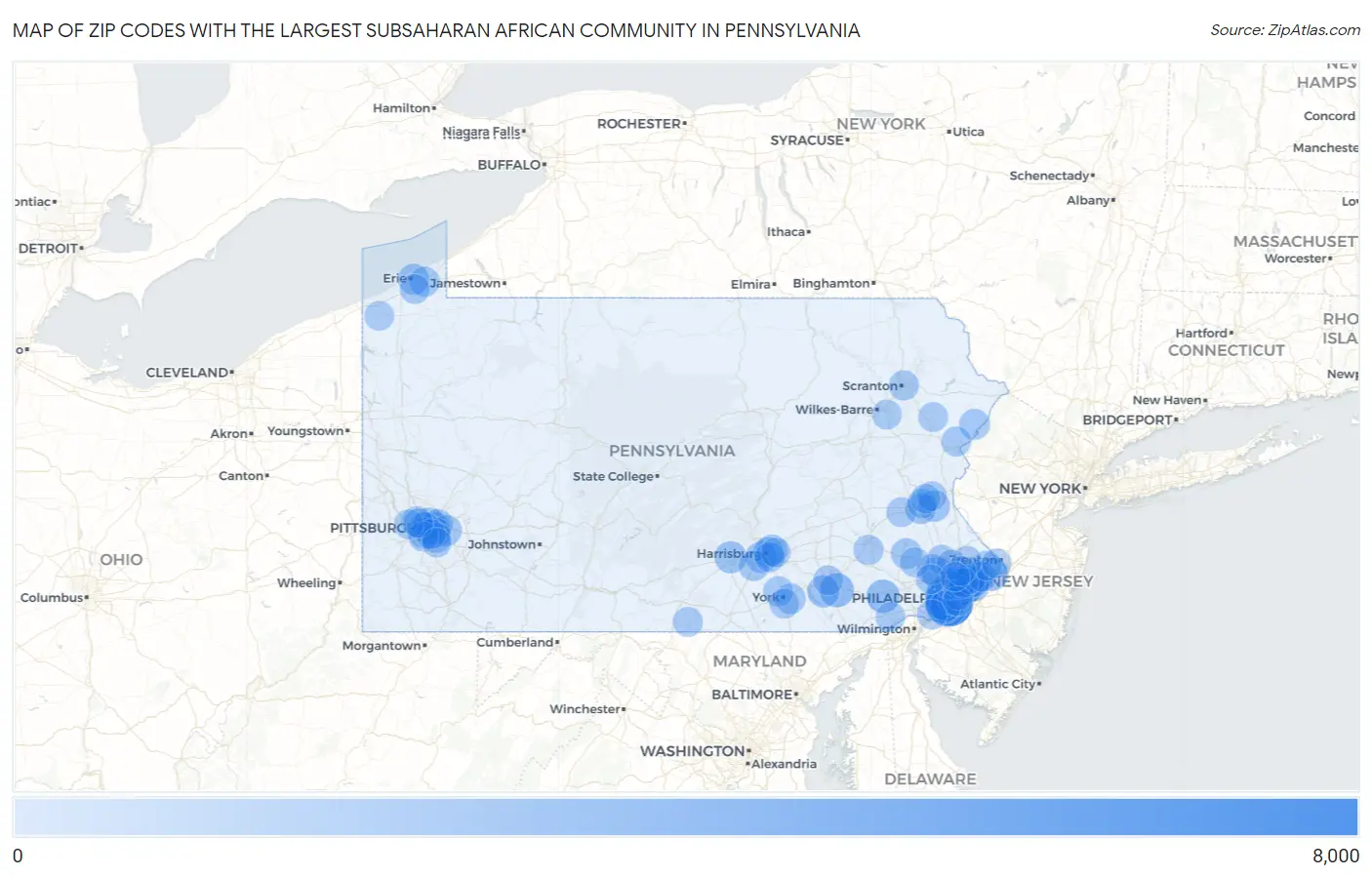 Zip Codes with the Largest Subsaharan African Community in Pennsylvania Map