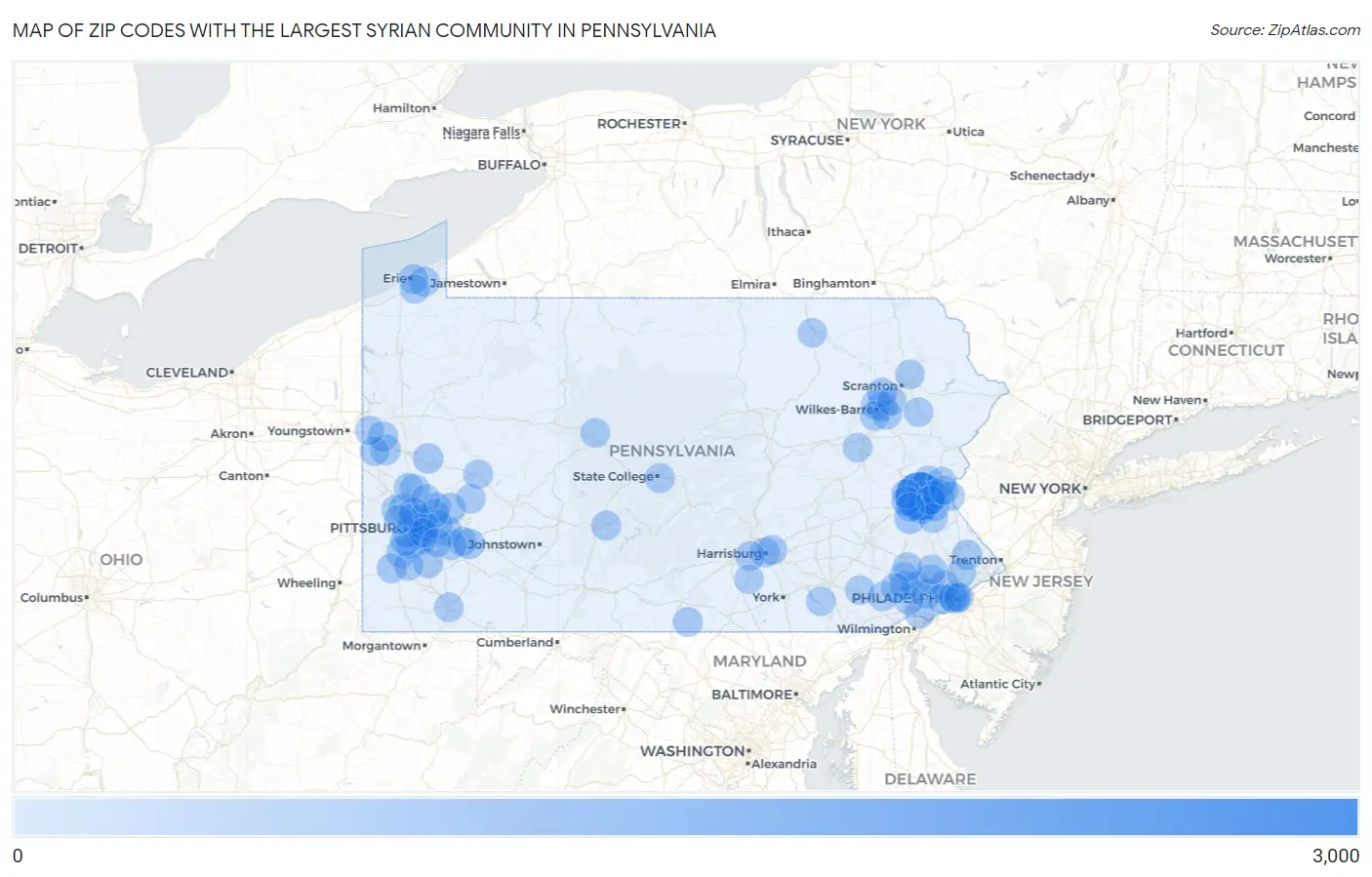 Zip Codes with the Largest Syrian Community in Pennsylvania Map