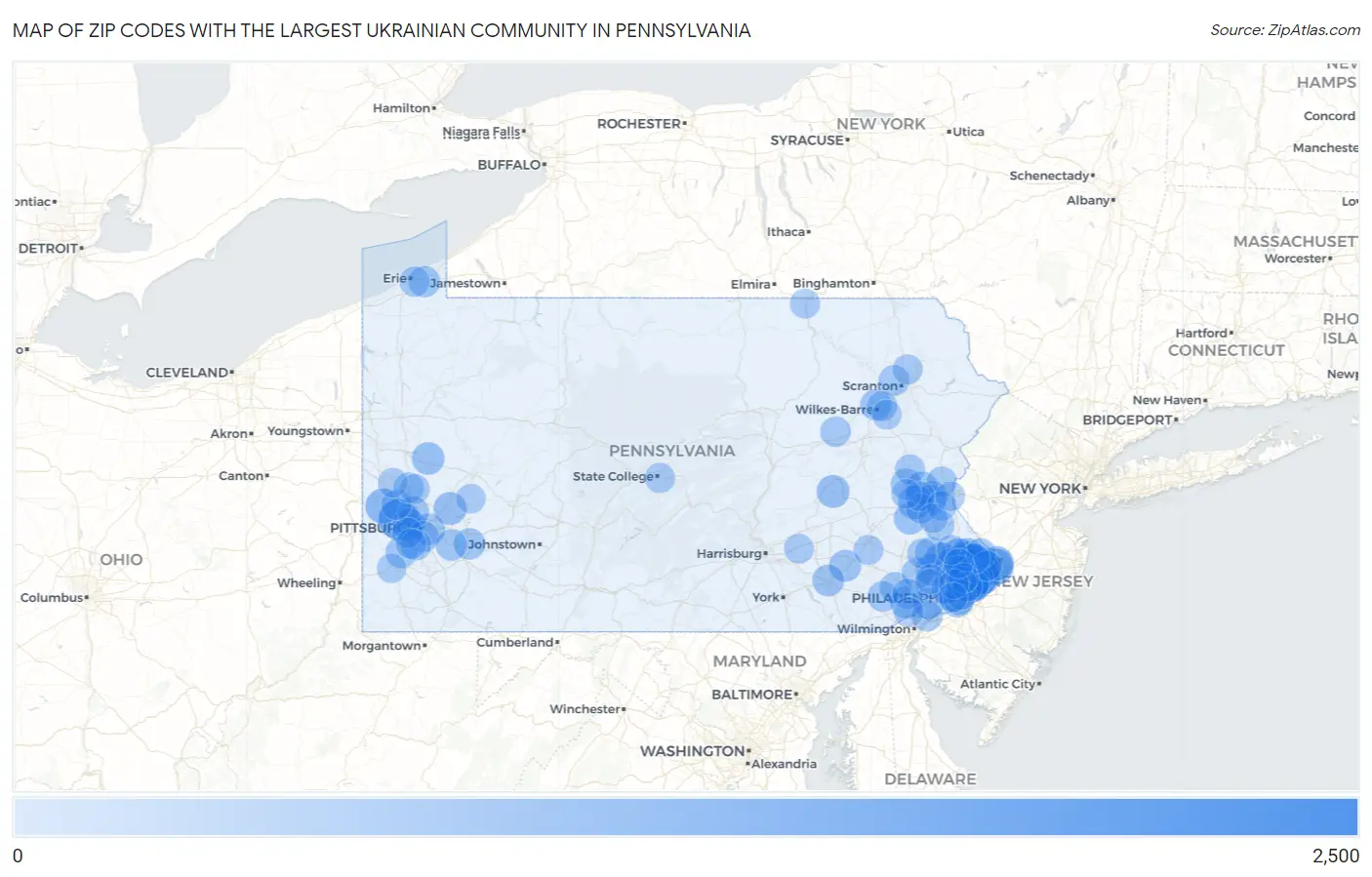 Zip Codes with the Largest Ukrainian Community in Pennsylvania Map