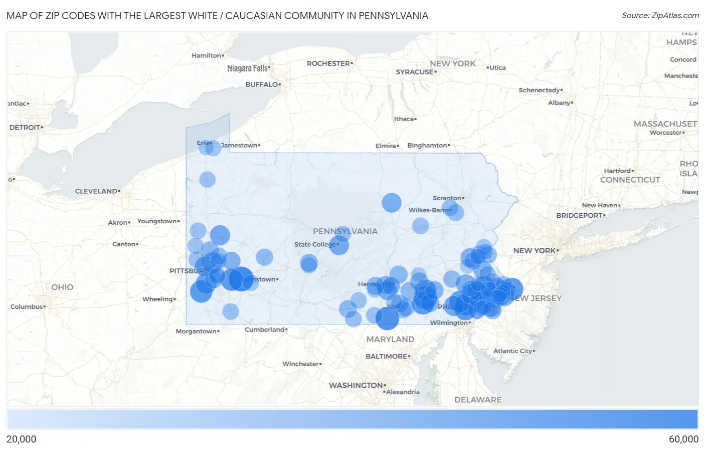 Zip Codes with the Largest White / Caucasian Community in Pennsylvania Map