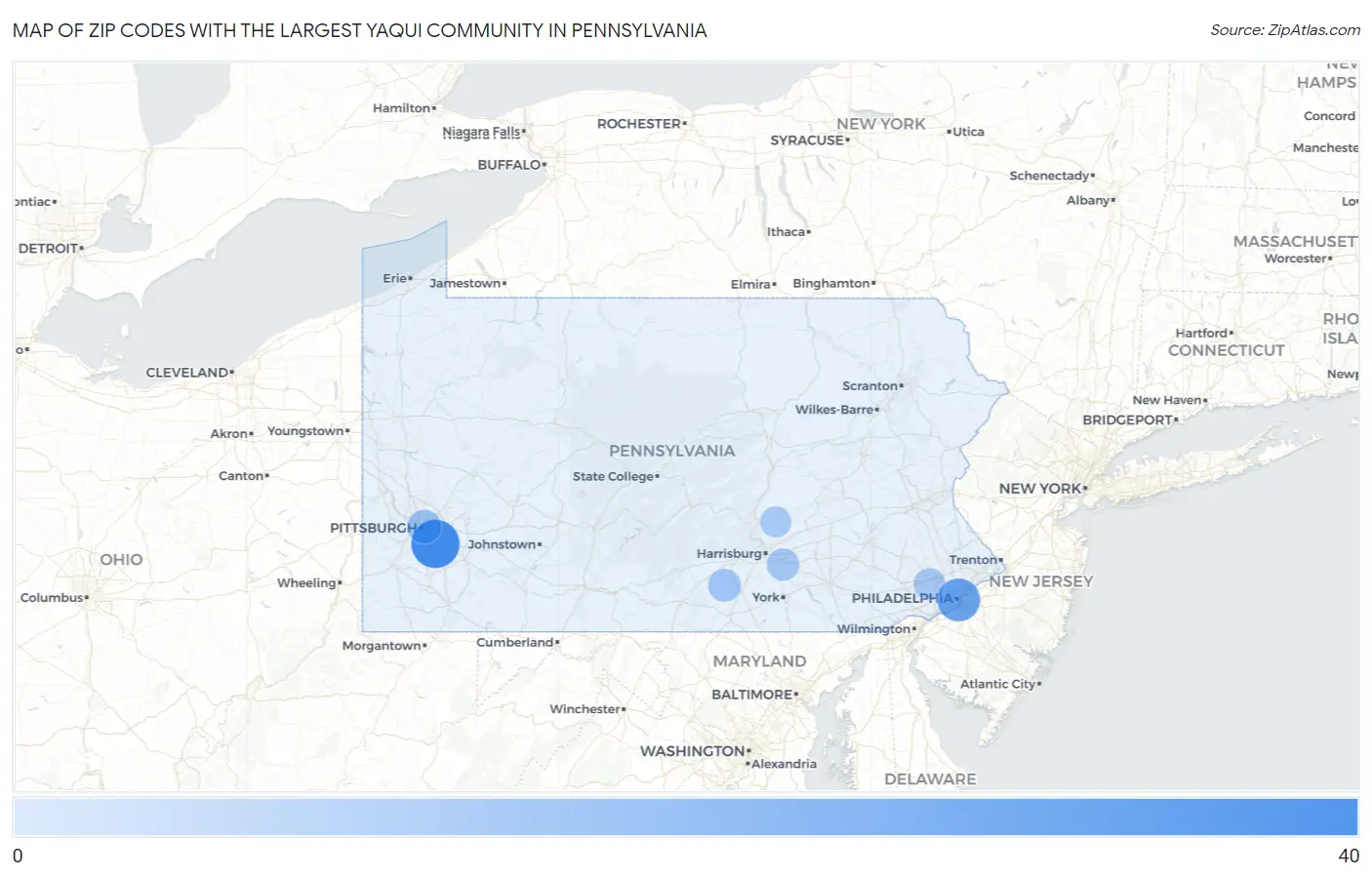 Zip Codes with the Largest Yaqui Community in Pennsylvania Map