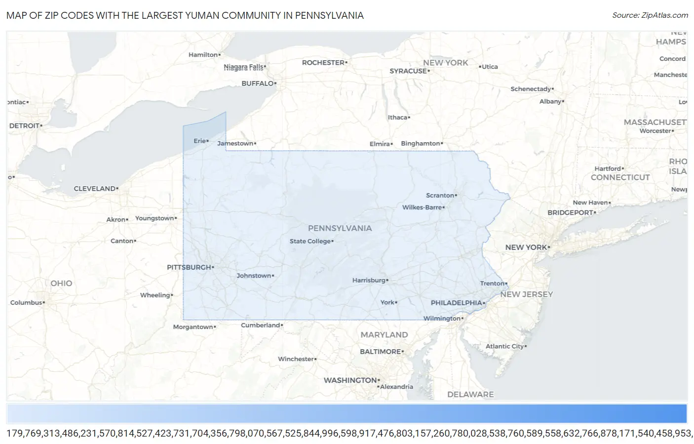 Zip Codes with the Largest Yuman Community in Pennsylvania Map