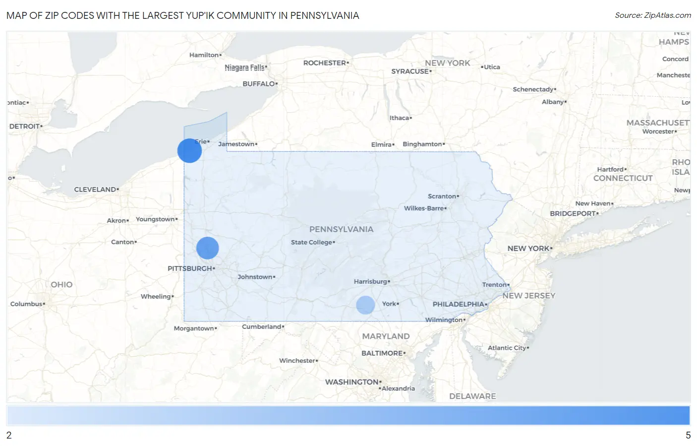 Zip Codes with the Largest Yup'ik Community in Pennsylvania Map
