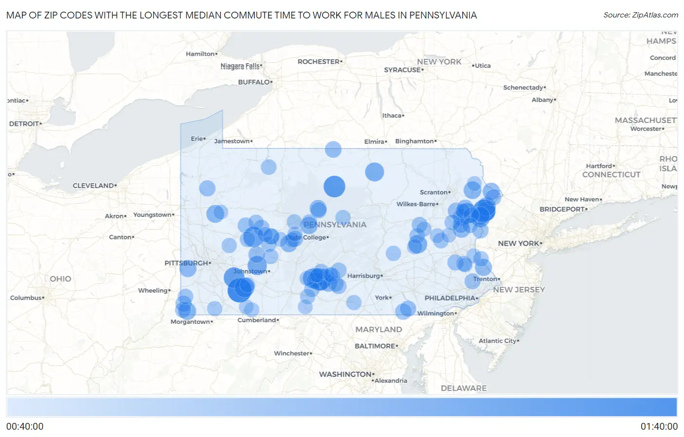Zip Codes with the Longest Median Commute Time to Work for Males in Pennsylvania Map