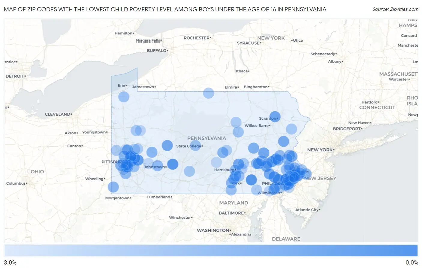 Zip Codes with the Lowest Child Poverty Level Among Boys Under the Age of 16 in Pennsylvania Map