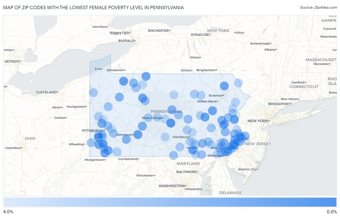 Zip Codes with the Lowest Female Poverty Level in Pennsylvania Map