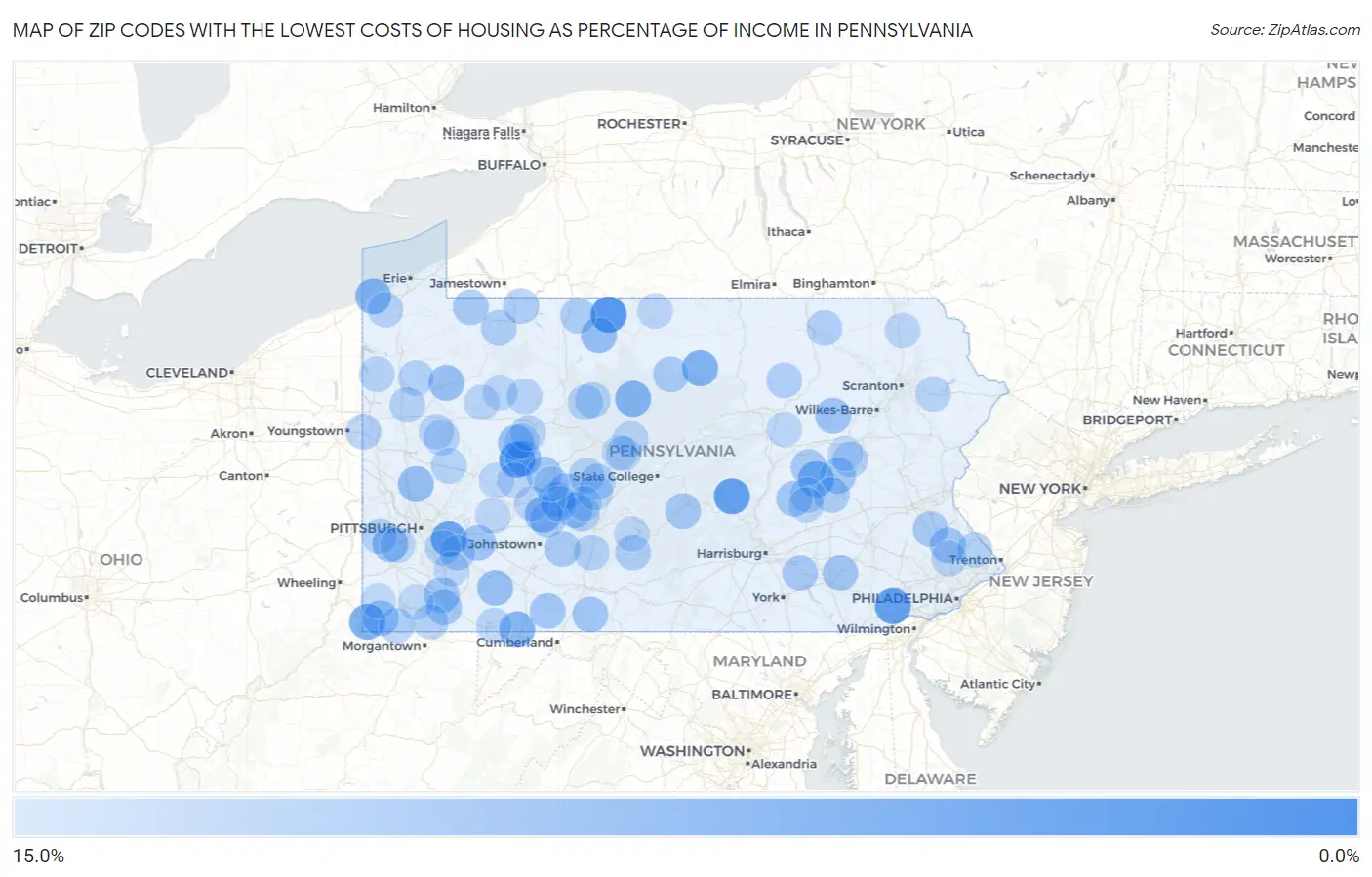 Zip Codes with the Lowest Costs of Housing as Percentage of Income in Pennsylvania Map