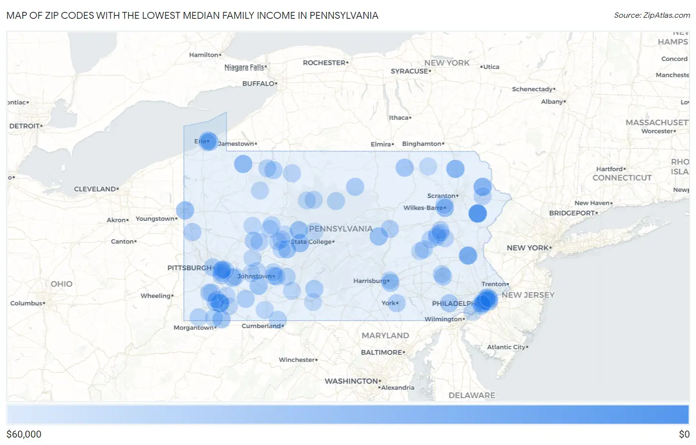 Zip Codes with the Lowest Median Family Income in Pennsylvania Map