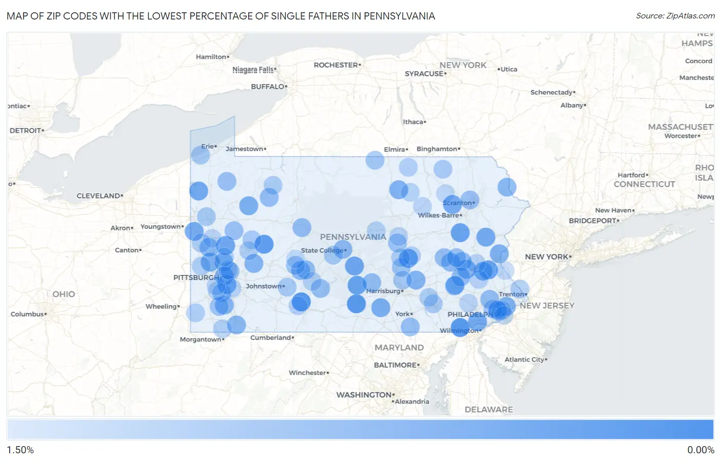 Zip Codes with the Lowest Percentage of Single Fathers in Pennsylvania Map