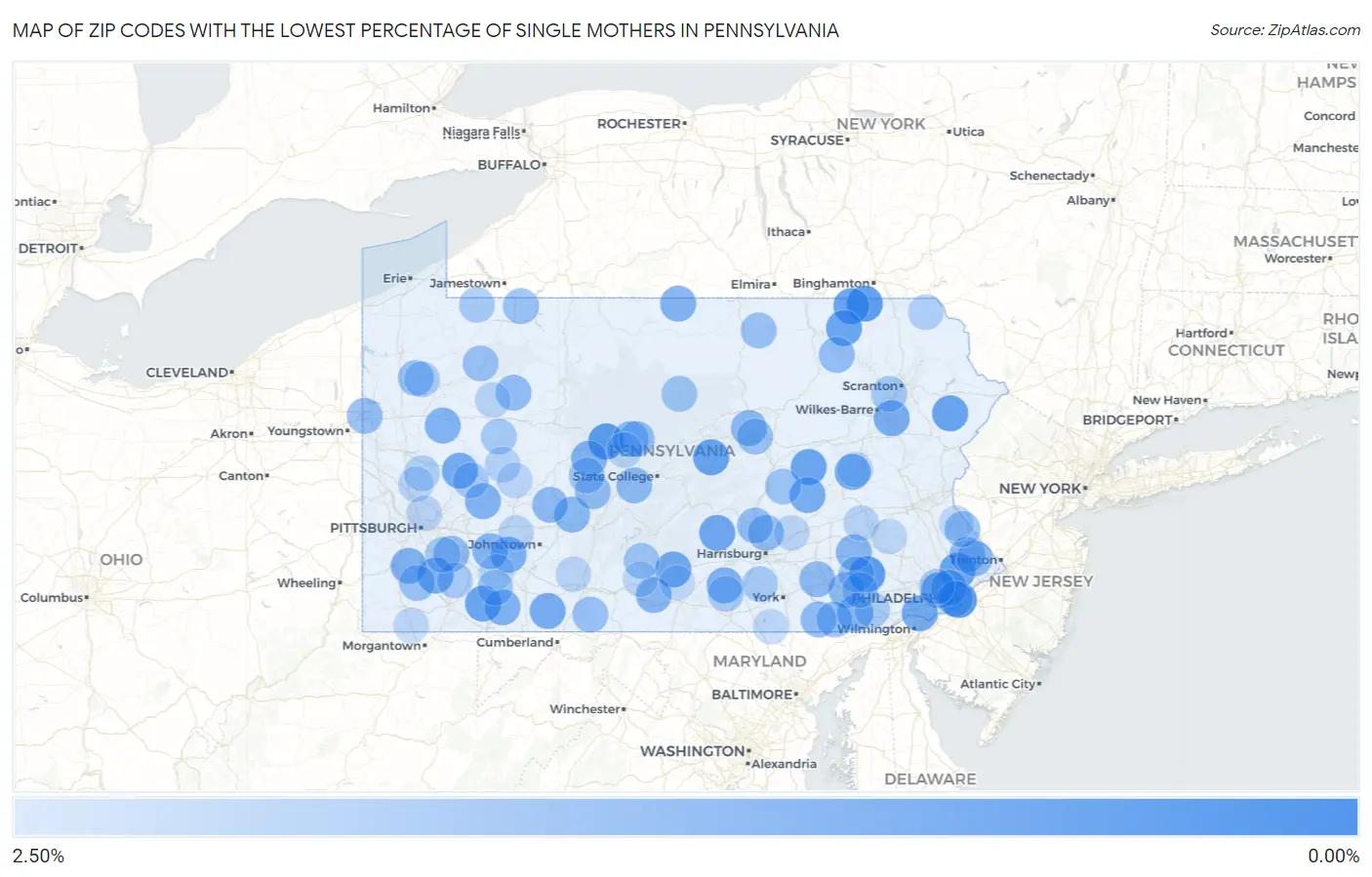 Zip Codes with the Lowest Percentage of Single Mothers in Pennsylvania Map