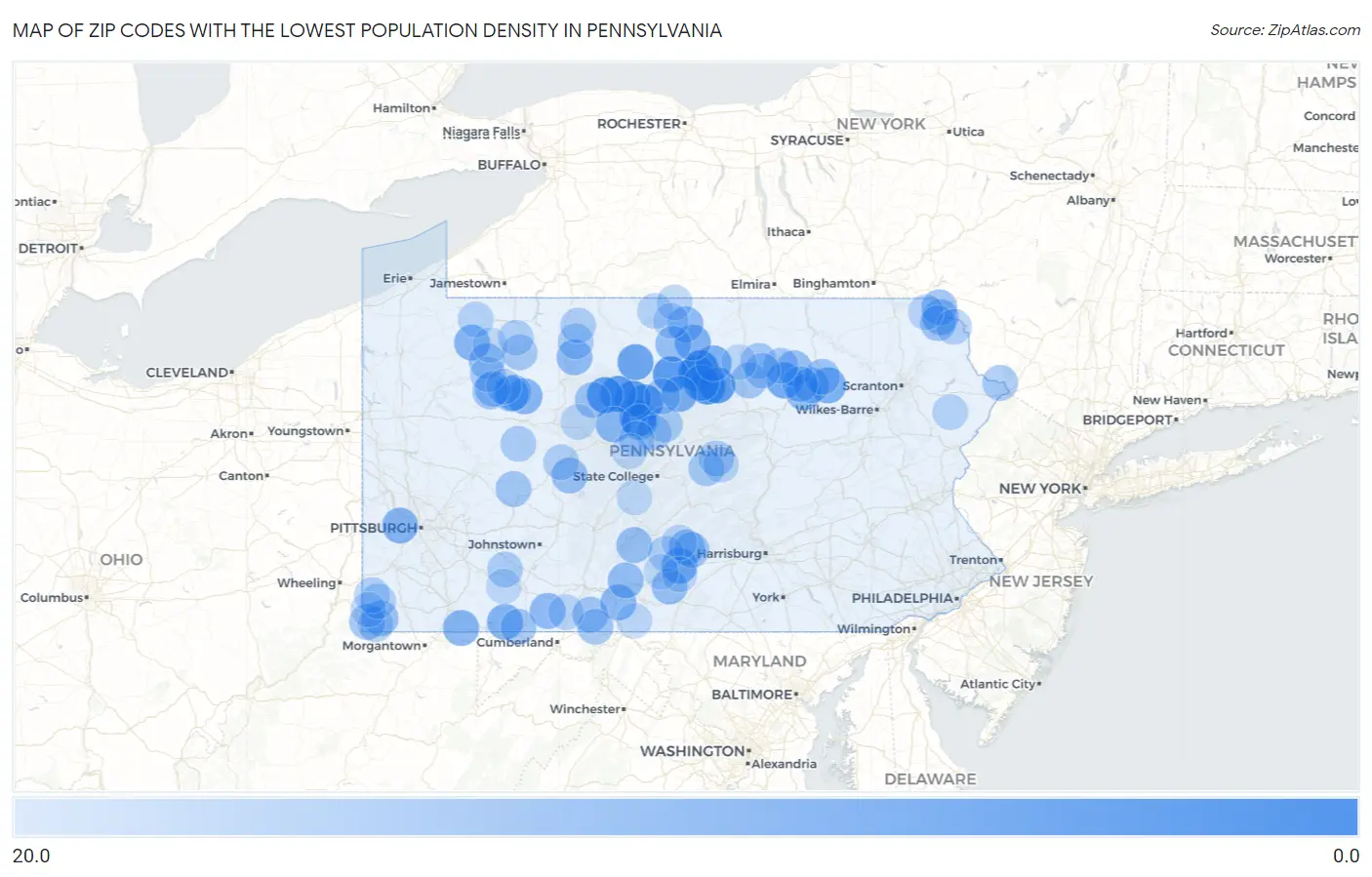 Zip Codes with the Lowest Population Density in Pennsylvania Map