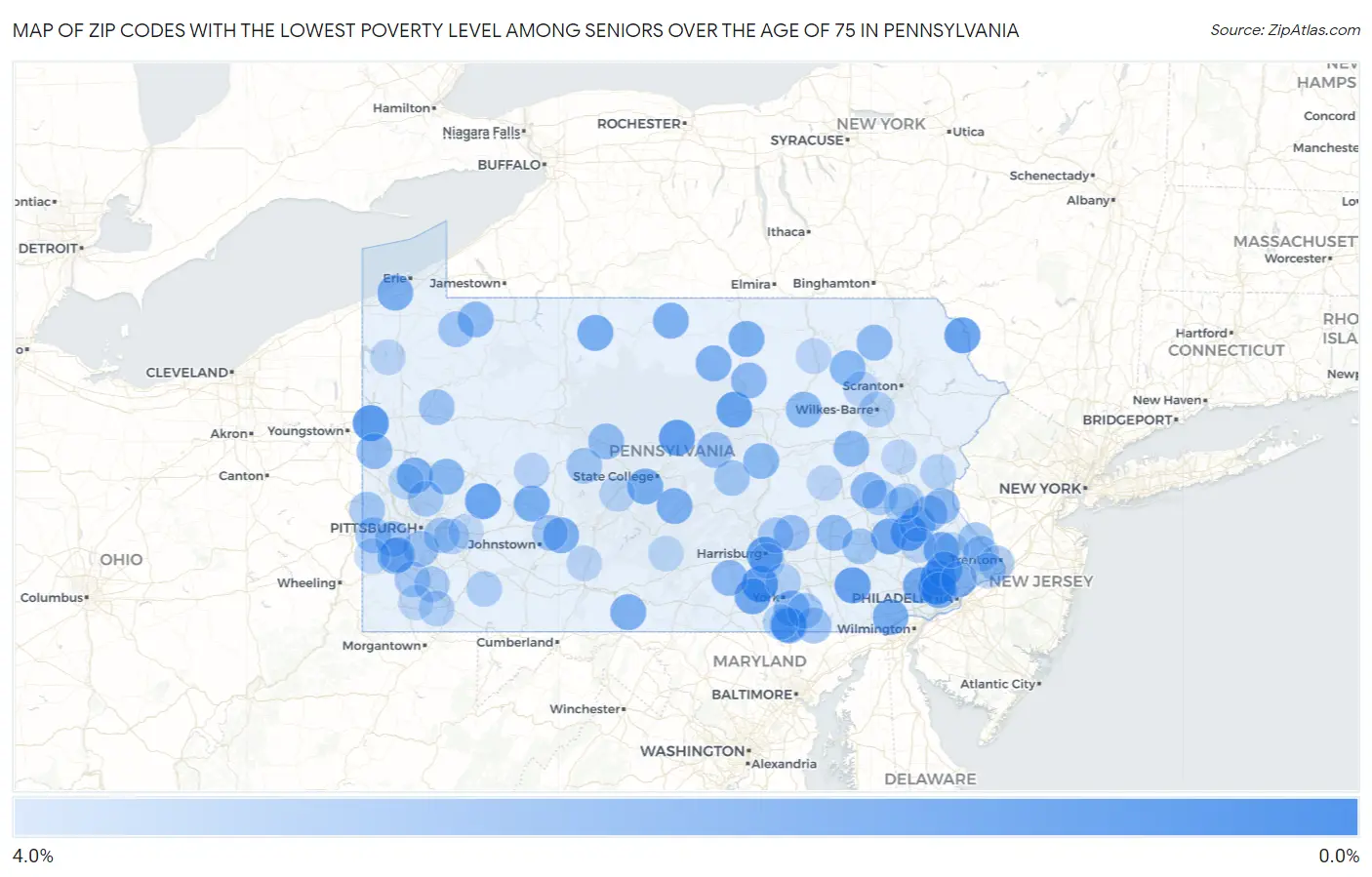 Zip Codes with the Lowest Poverty Level Among Seniors Over the Age of 75 in Pennsylvania Map