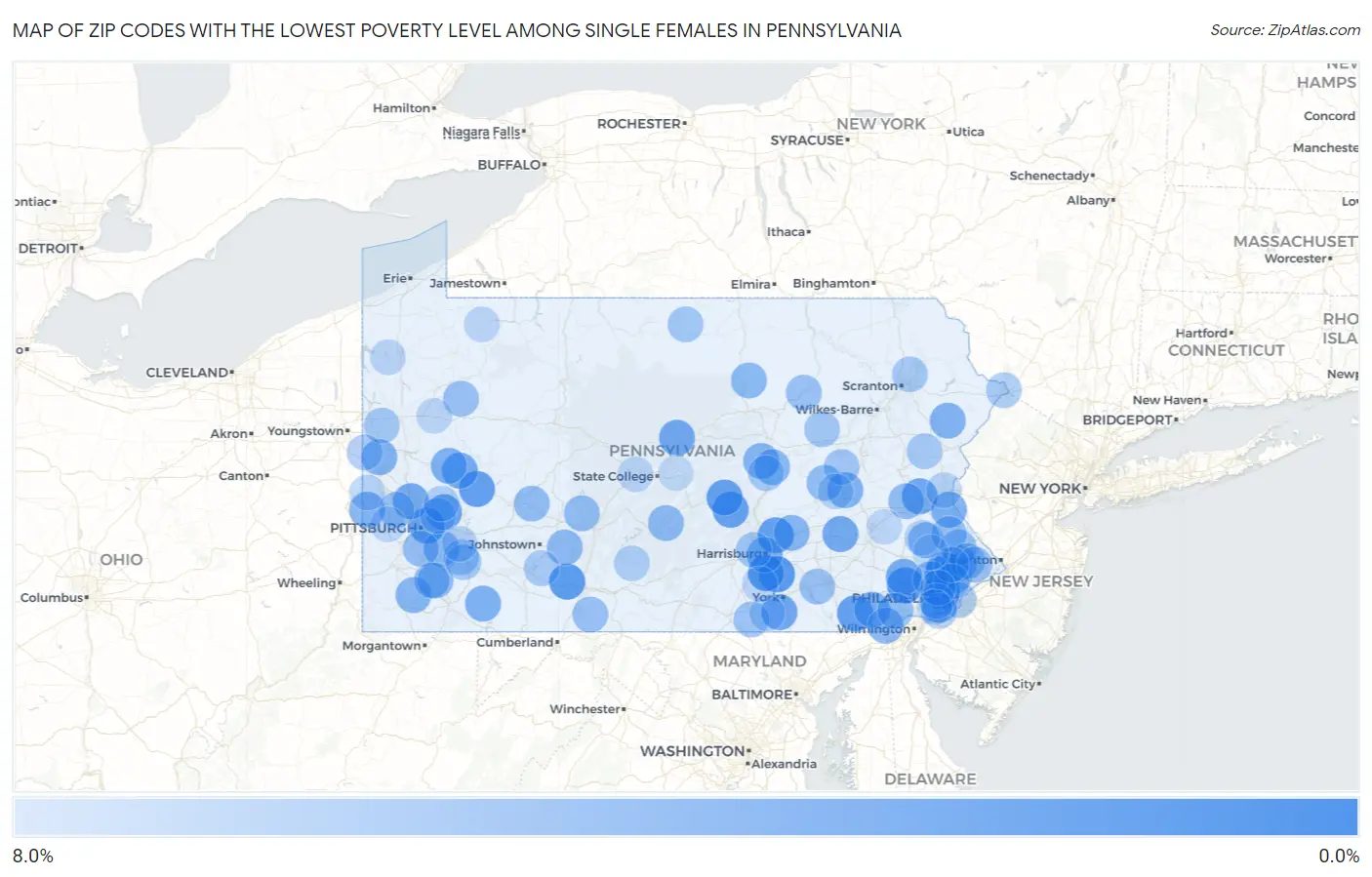 Zip Codes with the Lowest Poverty Level Among Single Females in Pennsylvania Map