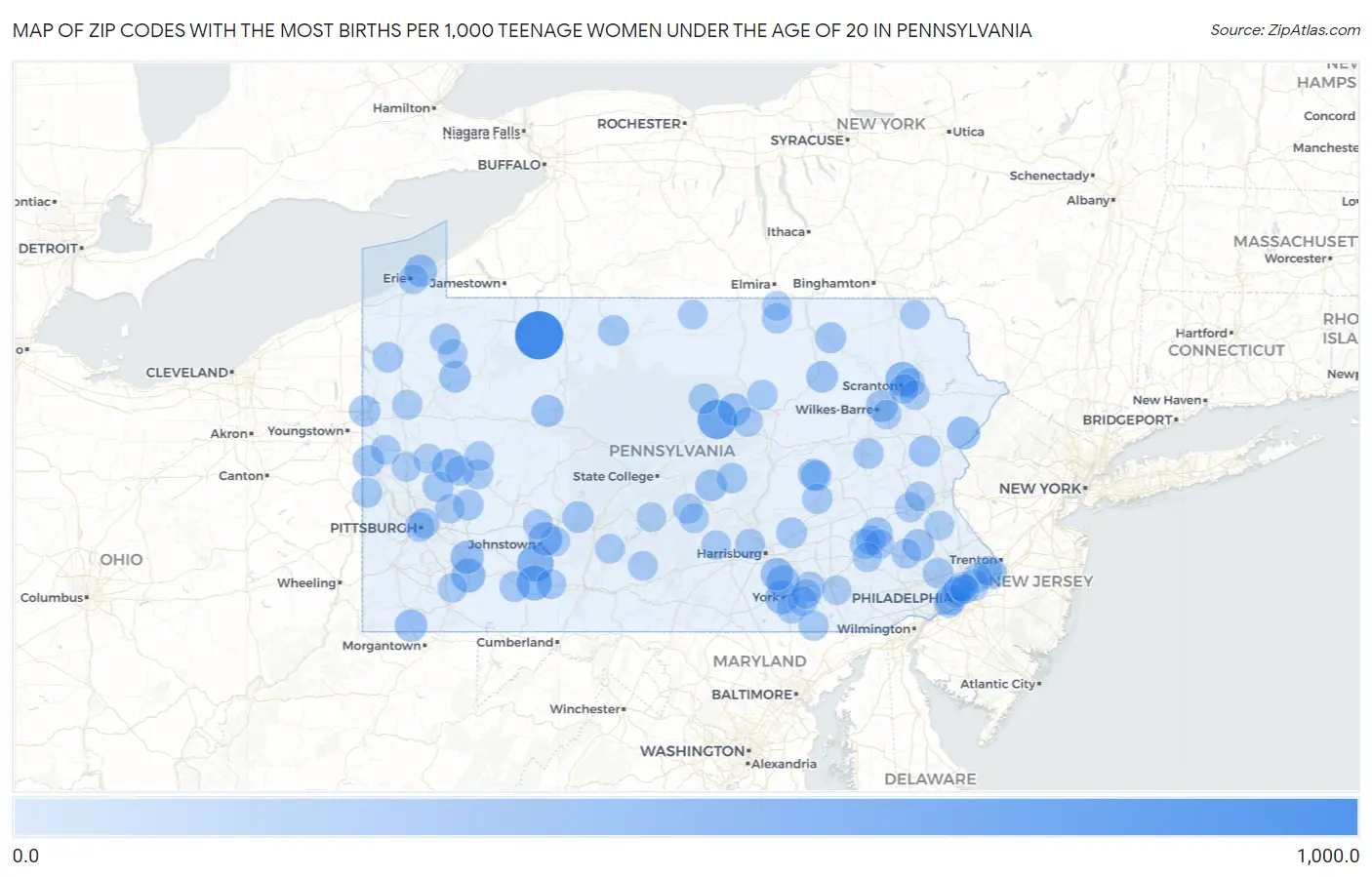 Zip Codes with the Most Births per 1,000 Teenage Women Under the Age of 20 in Pennsylvania Map