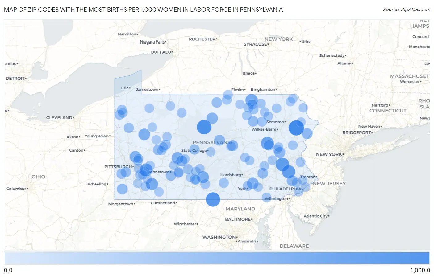 Zip Codes with the Most Births per 1,000 Women in Labor Force in Pennsylvania Map
