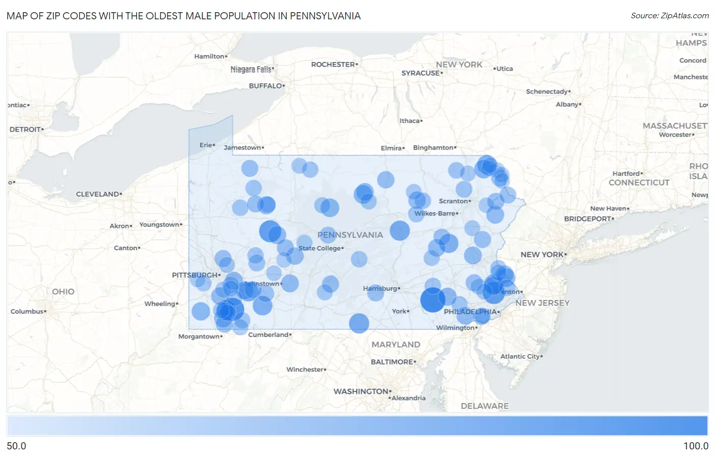 Zip Codes with the Oldest Male Population in Pennsylvania Map