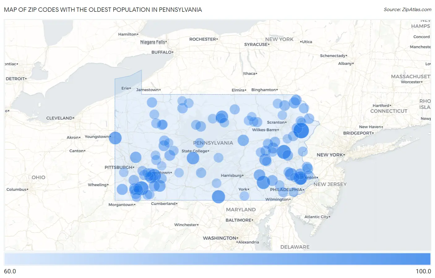 Zip Codes with the Oldest Population in Pennsylvania Map