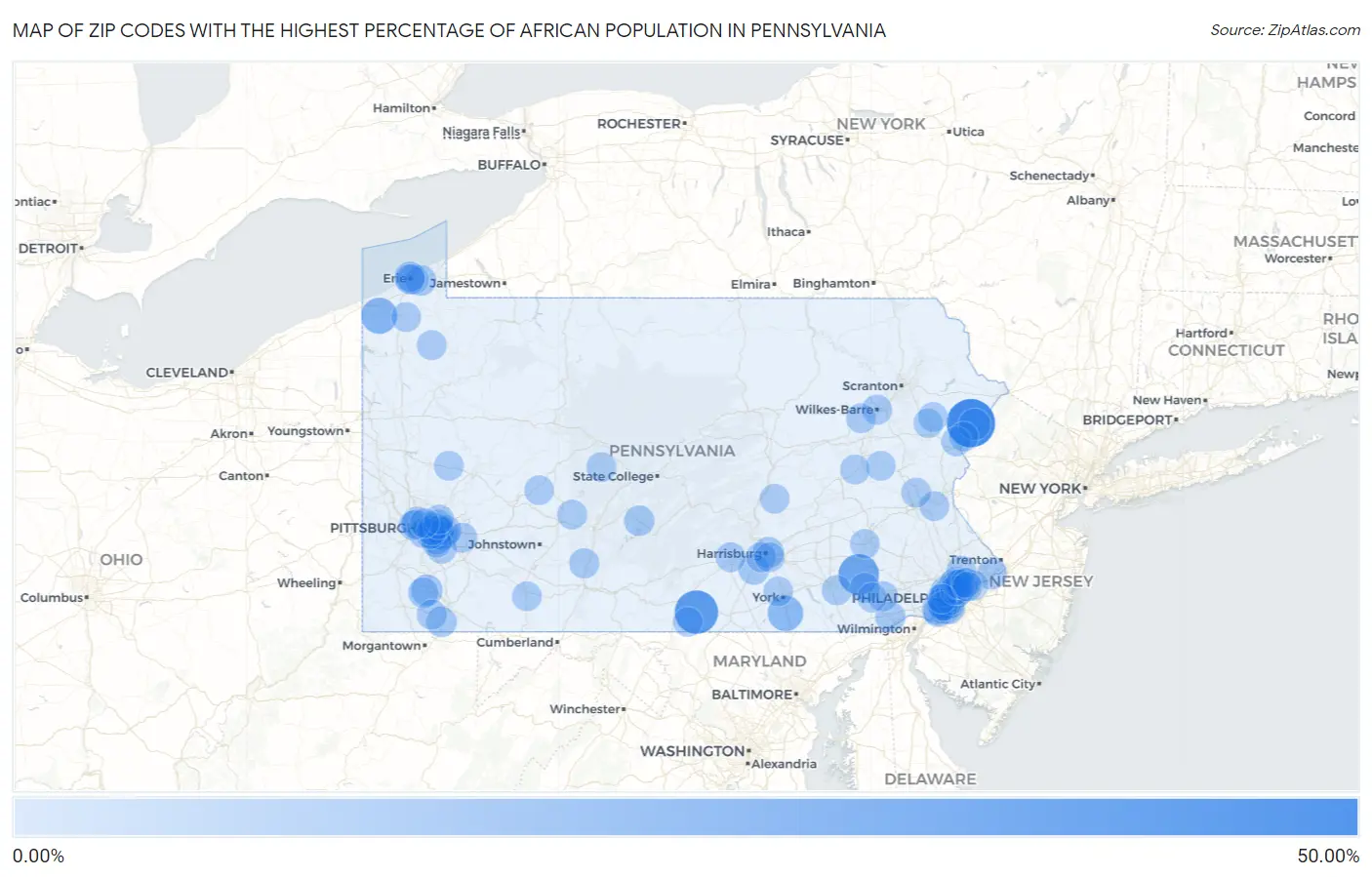 Zip Codes with the Highest Percentage of African Population in Pennsylvania Map