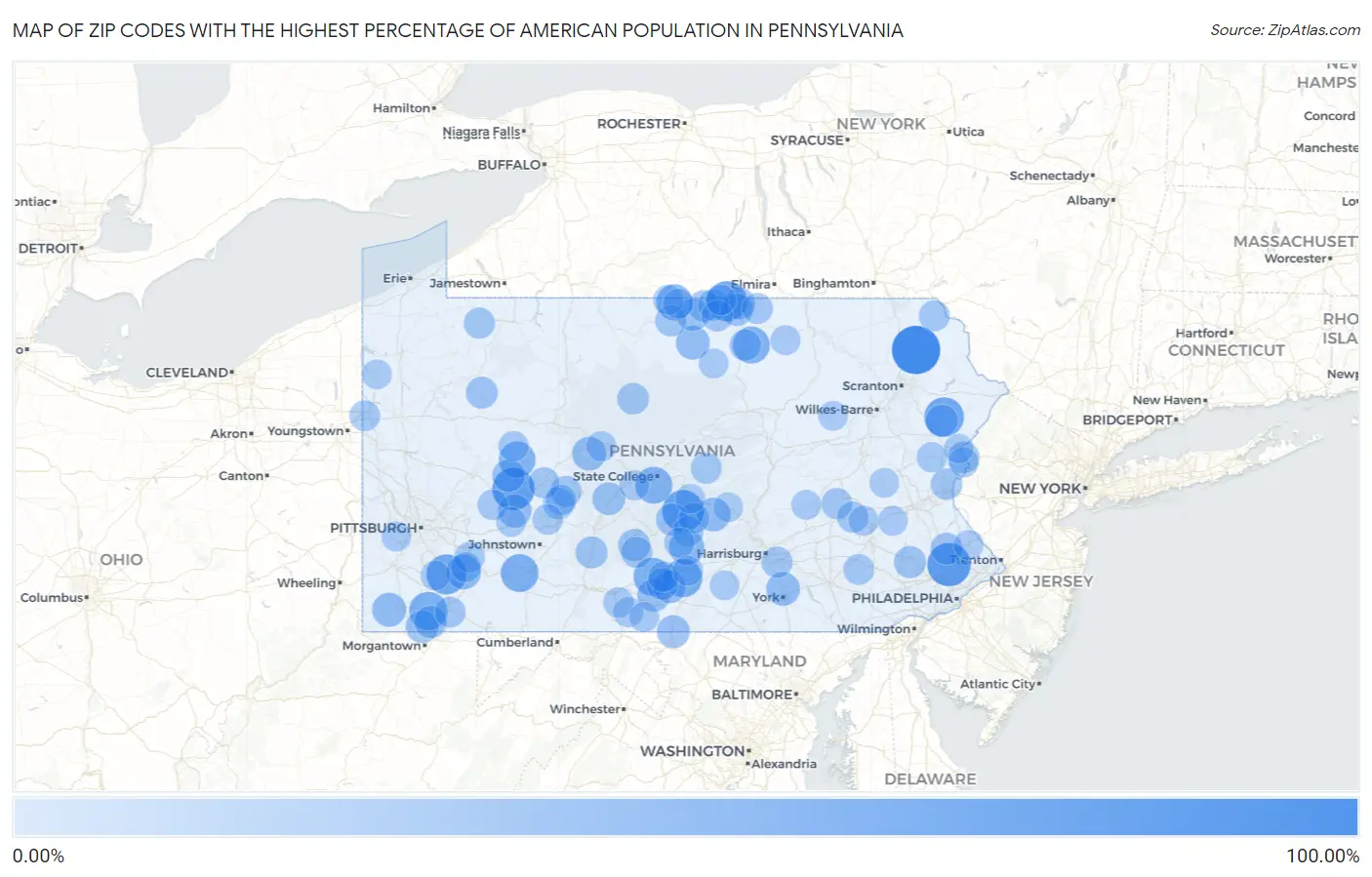 Zip Codes with the Highest Percentage of American Population in Pennsylvania Map
