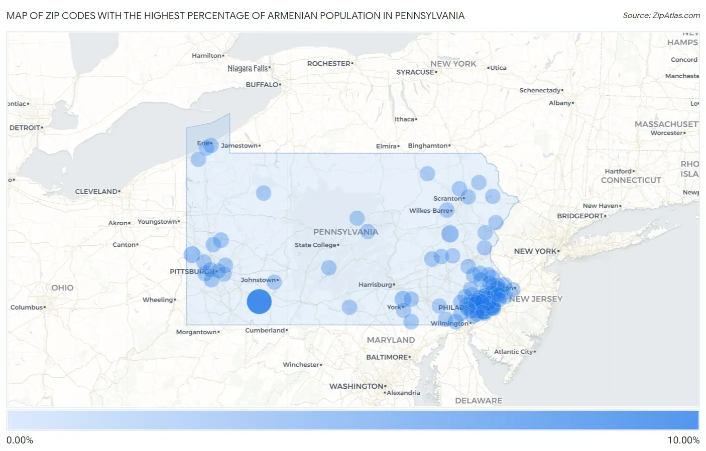 Zip Codes with the Highest Percentage of Armenian Population in Pennsylvania Map