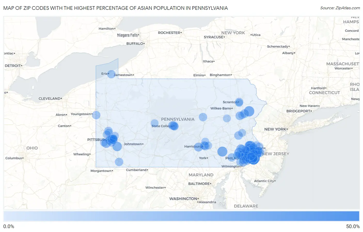 Zip Codes with the Highest Percentage of Asian Population in Pennsylvania Map
