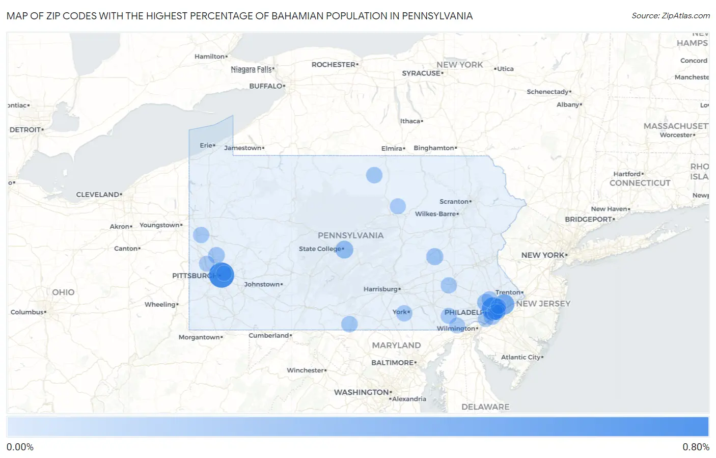 Zip Codes with the Highest Percentage of Bahamian Population in Pennsylvania Map