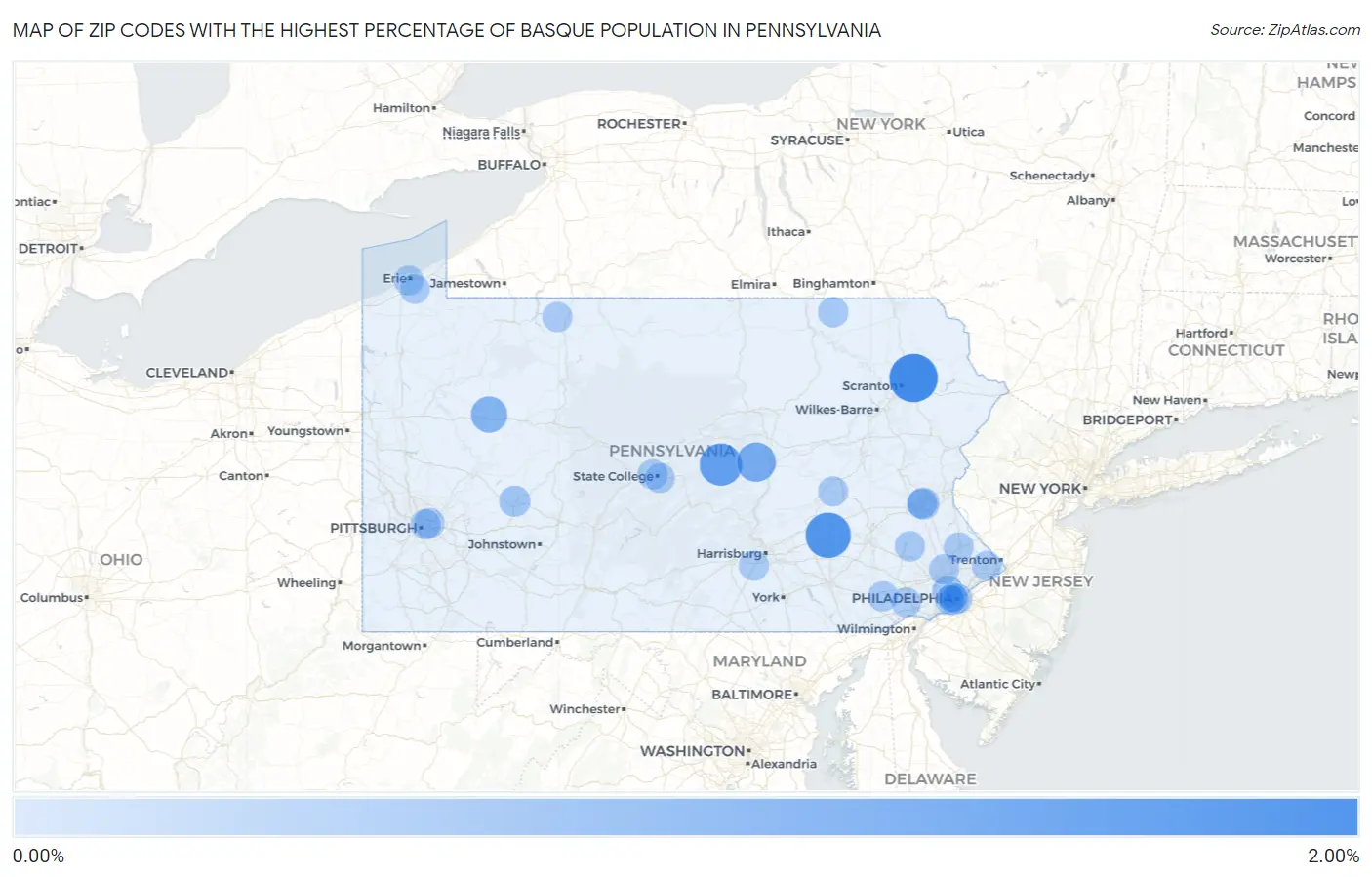 Zip Codes with the Highest Percentage of Basque Population in Pennsylvania Map