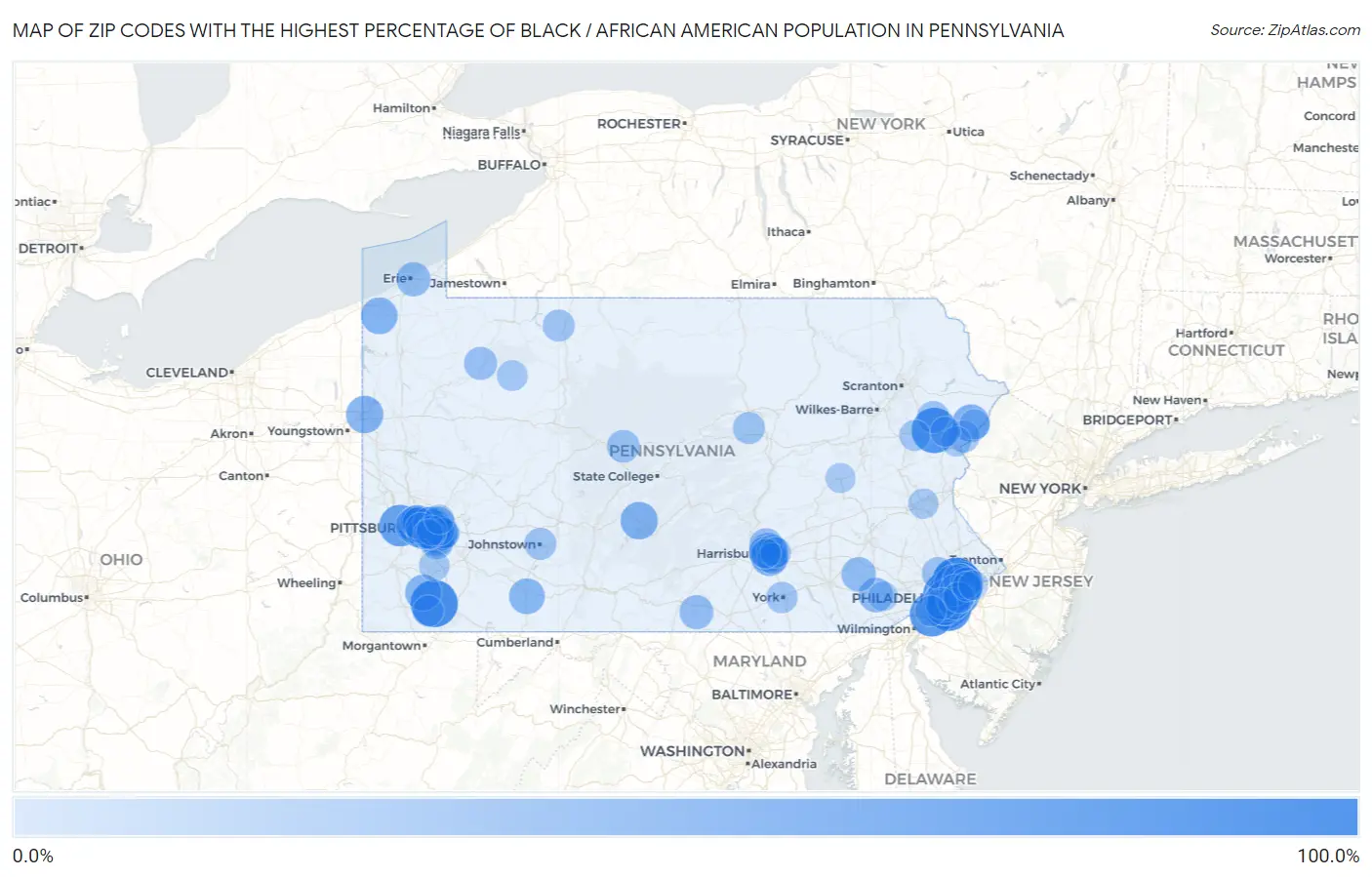 Zip Codes with the Highest Percentage of Black / African American Population in Pennsylvania Map