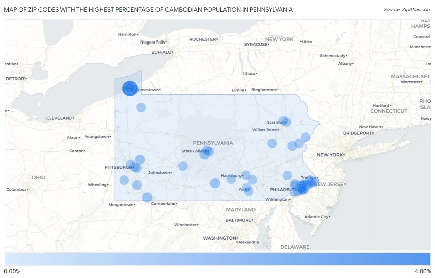 Zip Codes with the Highest Percentage of Cambodian Population in Pennsylvania Map