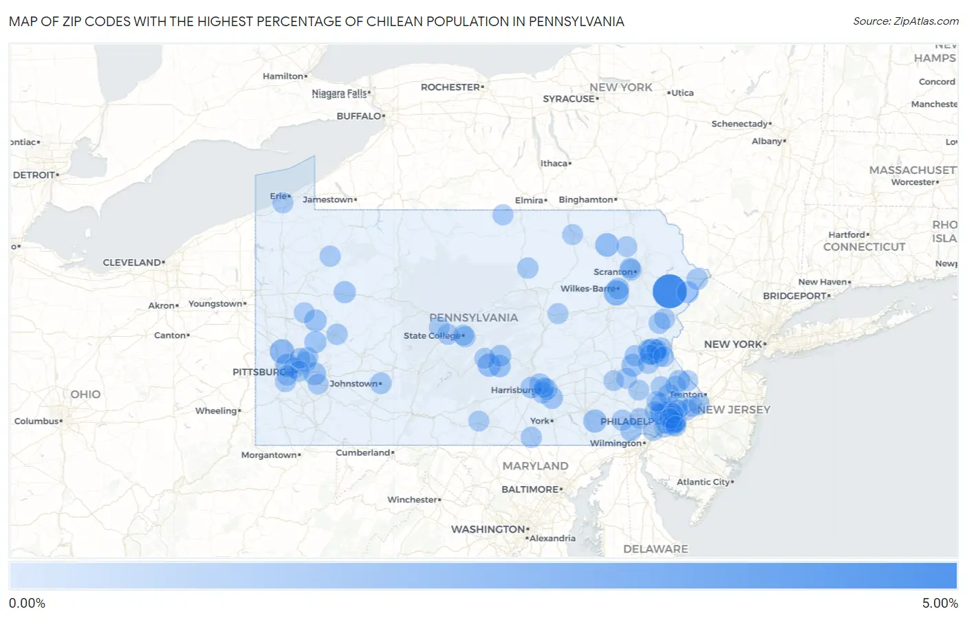 Zip Codes with the Highest Percentage of Chilean Population in Pennsylvania Map
