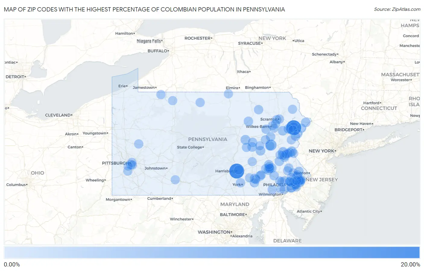 Zip Codes with the Highest Percentage of Colombian Population in Pennsylvania Map