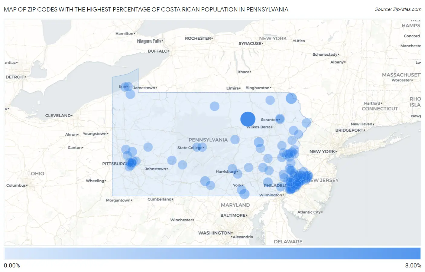 Zip Codes with the Highest Percentage of Costa Rican Population in Pennsylvania Map