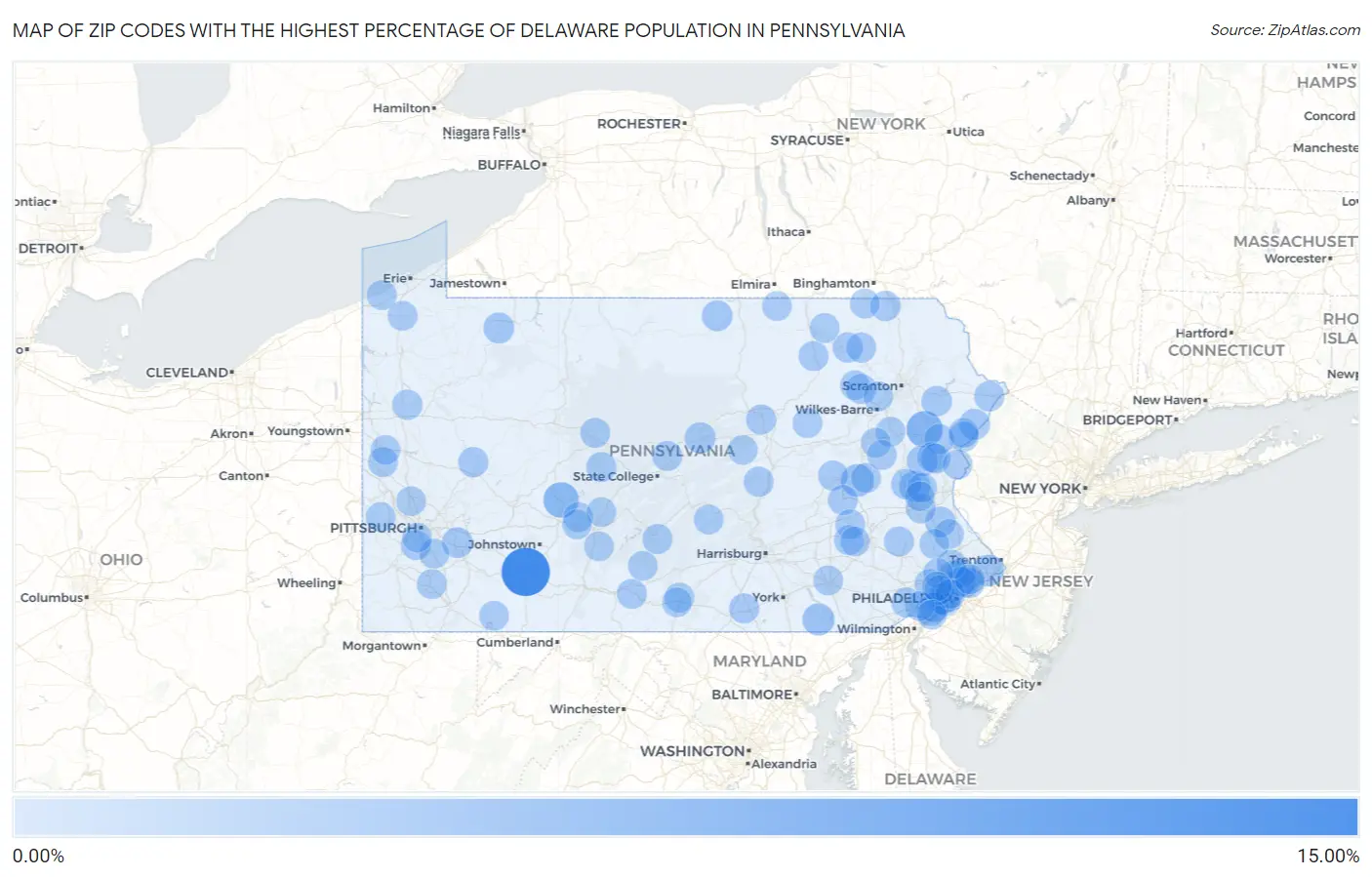 Zip Codes with the Highest Percentage of Delaware Population in Pennsylvania Map