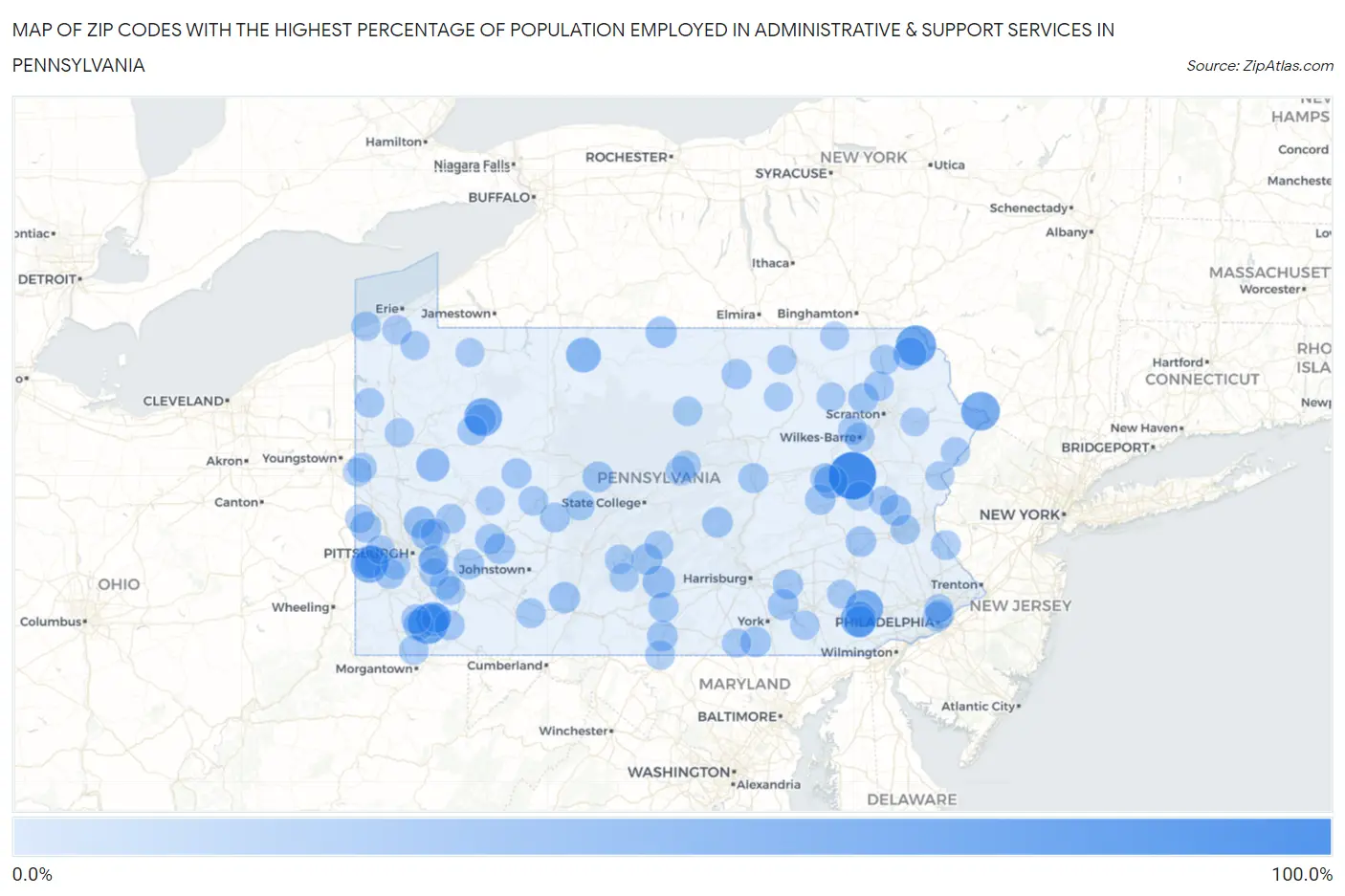 Zip Codes with the Highest Percentage of Population Employed in Administrative & Support Services in Pennsylvania Map