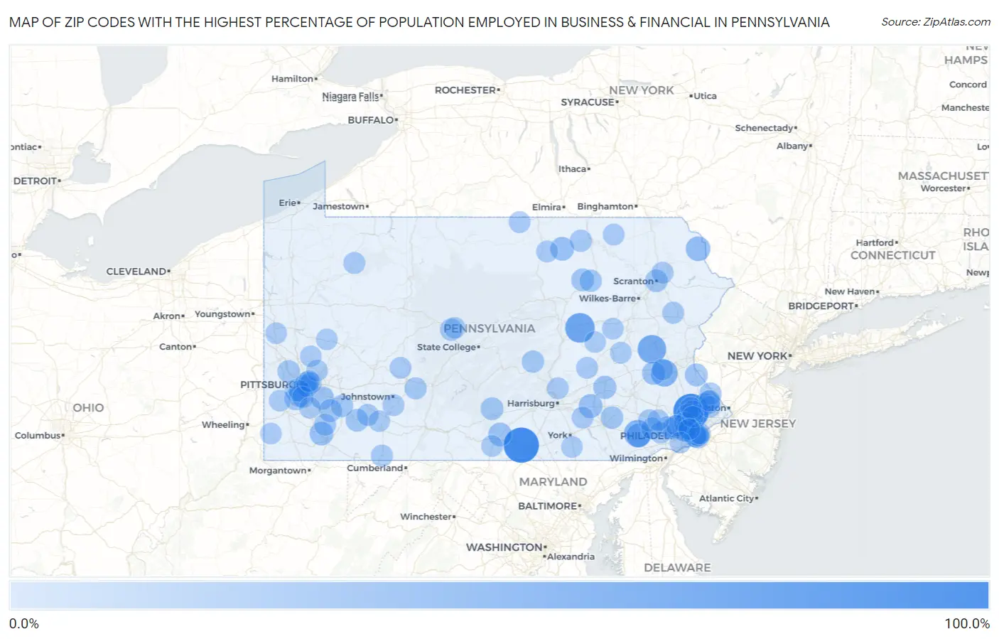 Zip Codes with the Highest Percentage of Population Employed in Business & Financial in Pennsylvania Map