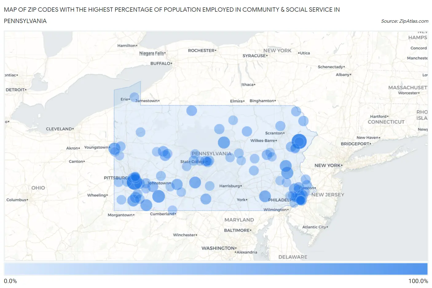 Zip Codes with the Highest Percentage of Population Employed in Community & Social Service  in Pennsylvania Map