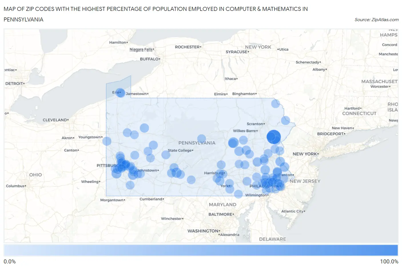 Zip Codes with the Highest Percentage of Population Employed in Computer & Mathematics in Pennsylvania Map