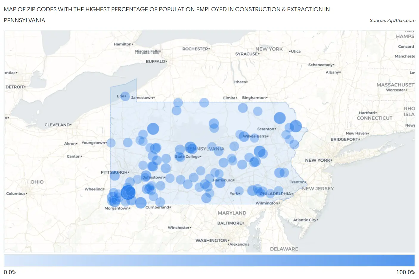 Zip Codes with the Highest Percentage of Population Employed in Construction & Extraction in Pennsylvania Map