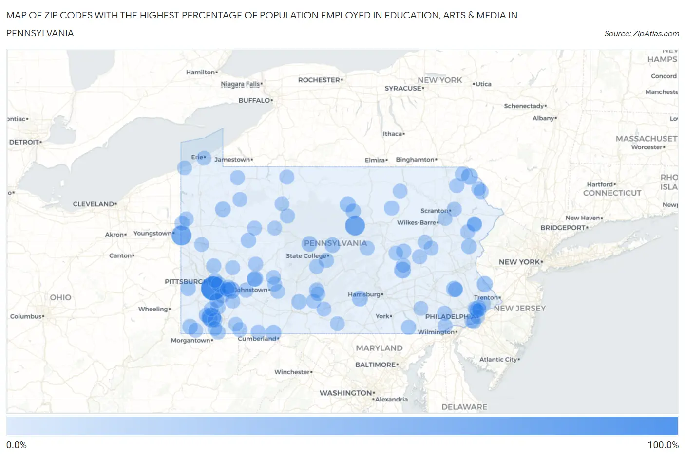 Zip Codes with the Highest Percentage of Population Employed in Education, Arts & Media in Pennsylvania Map