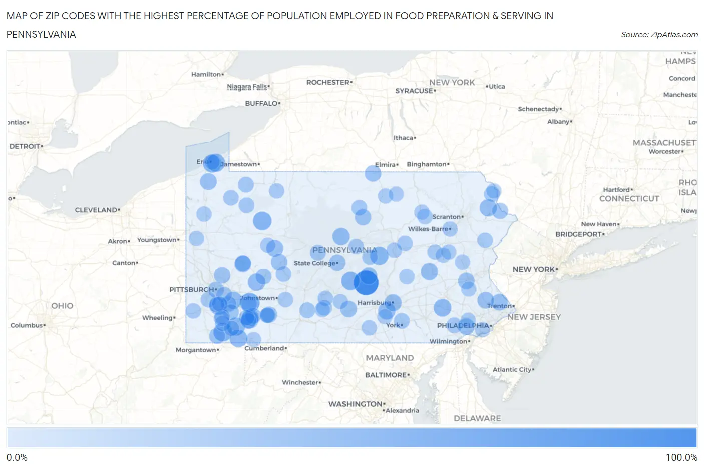 Zip Codes with the Highest Percentage of Population Employed in Food Preparation & Serving in Pennsylvania Map