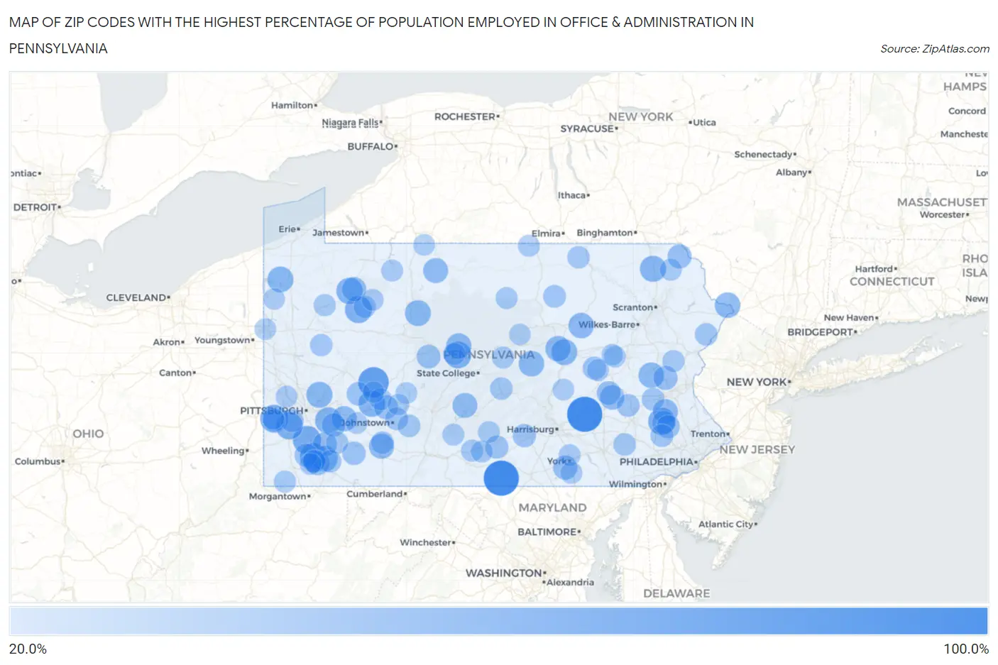 Zip Codes with the Highest Percentage of Population Employed in Office & Administration in Pennsylvania Map