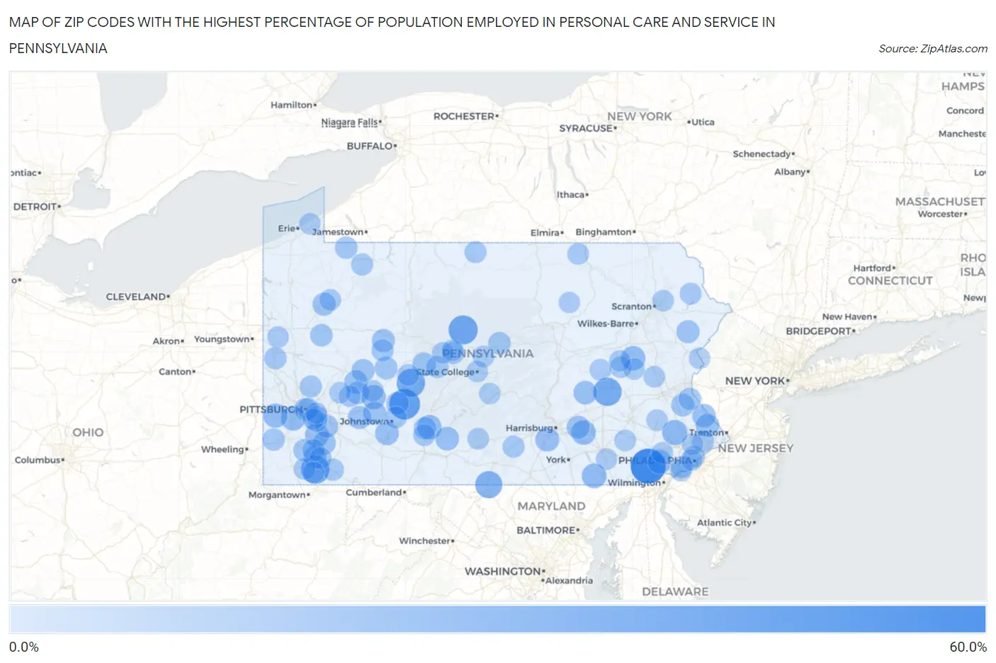 Zip Codes with the Highest Percentage of Population Employed in Personal Care and Service in Pennsylvania Map