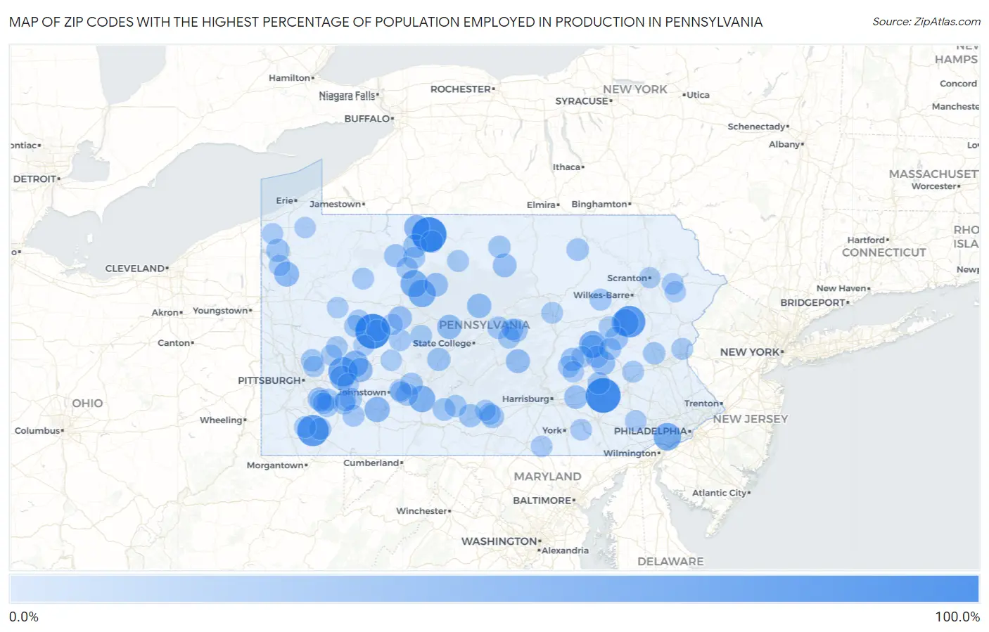 Zip Codes with the Highest Percentage of Population Employed in Production in Pennsylvania Map
