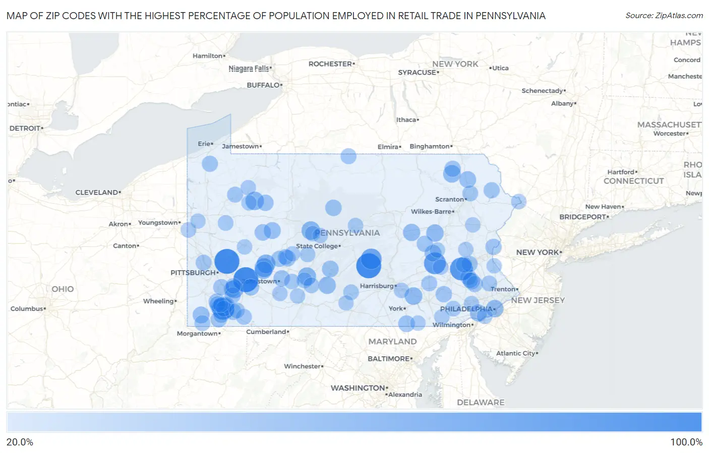 Zip Codes with the Highest Percentage of Population Employed in Retail Trade in Pennsylvania Map