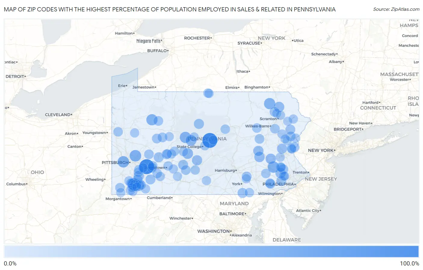Zip Codes with the Highest Percentage of Population Employed in Sales & Related in Pennsylvania Map