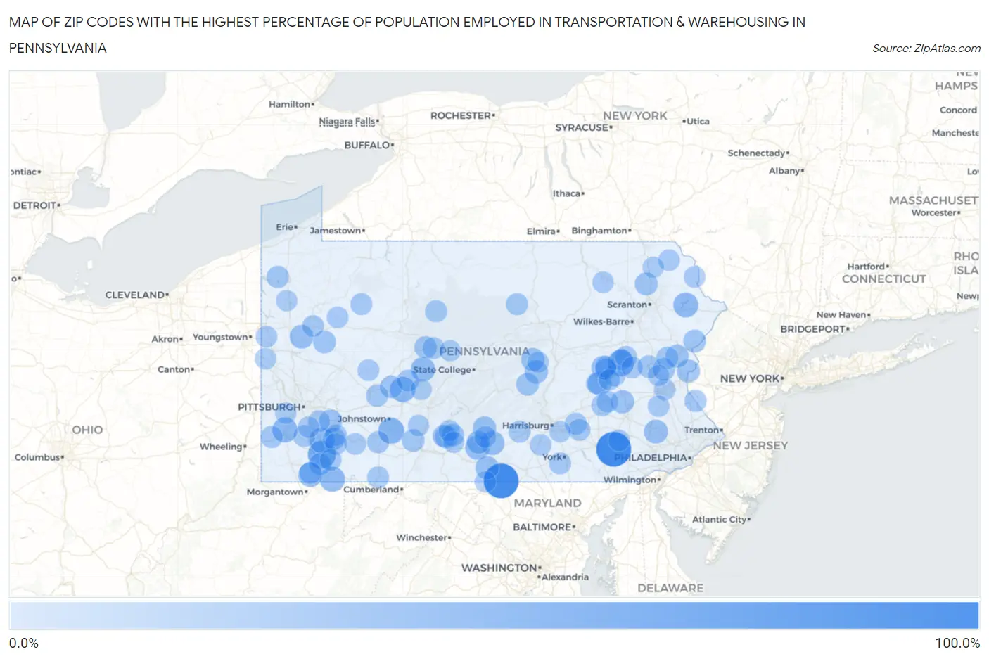Zip Codes with the Highest Percentage of Population Employed in Transportation & Warehousing in Pennsylvania Map