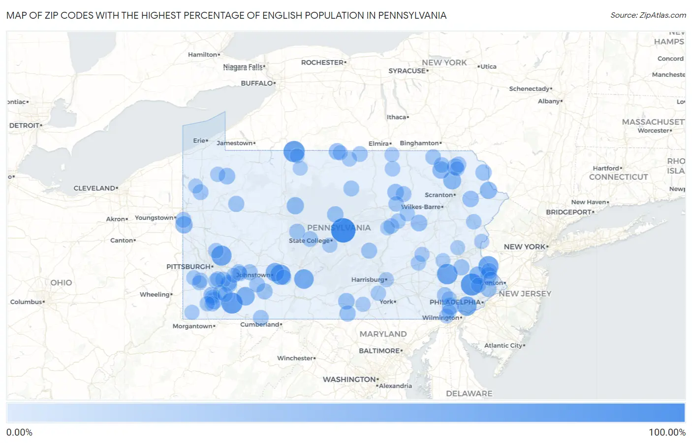 Zip Codes with the Highest Percentage of English Population in Pennsylvania Map